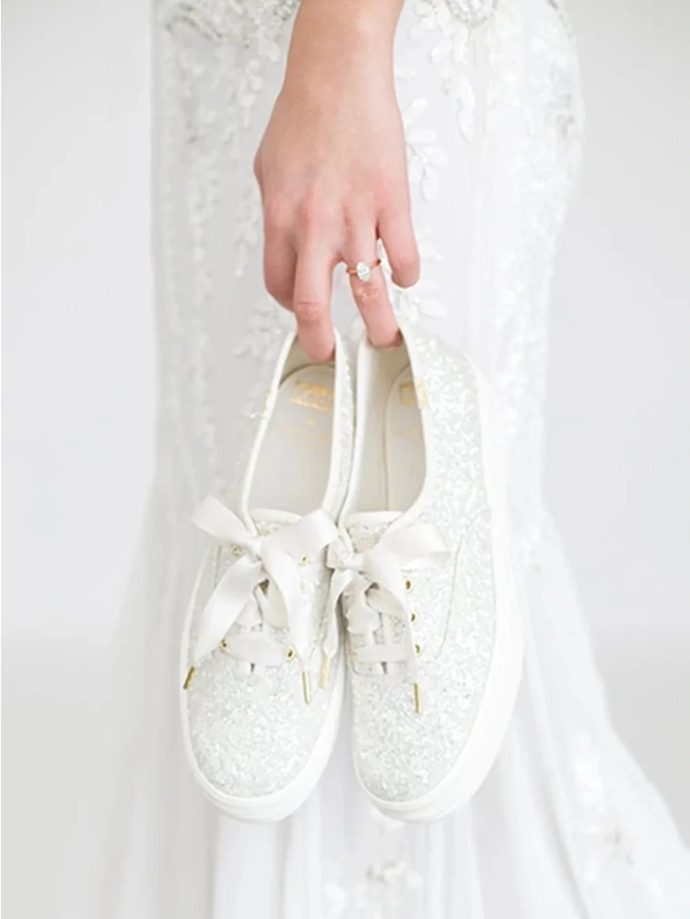 Keds x Kate Spade Champion Silver Glitter Satin Lace Sneakers Size 7.5 Bridal